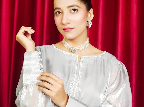 Luxury Steel Cream White Embellished Outfit