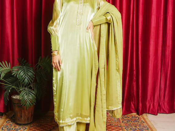 Luxury Gold Pistachio Green Embellished Outfit