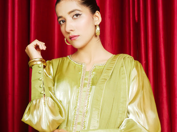 Luxury Gold Pistachio Green Embellished Outfit