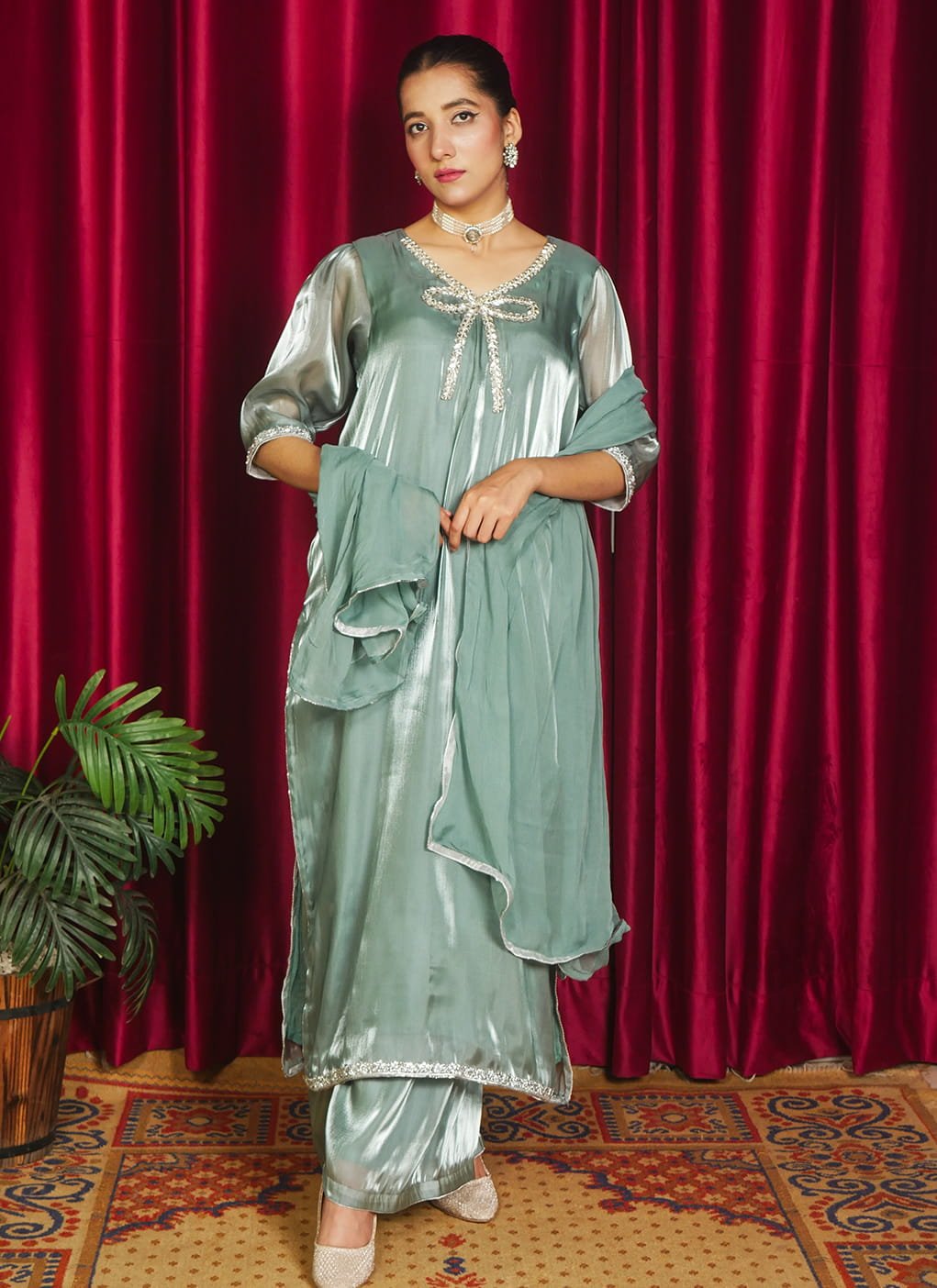 Sage Green Silver Silk Suit – Premium Traditional Elegance
